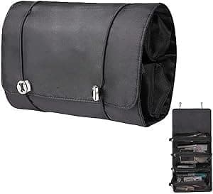 Foldable Travel Makeup Bag with 4 Compartments, Detachable Organizer - Black