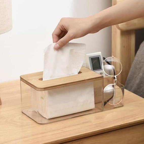 Clear Polypropylene Tissue Box with Wooden Lid - Remote Holder & Tools