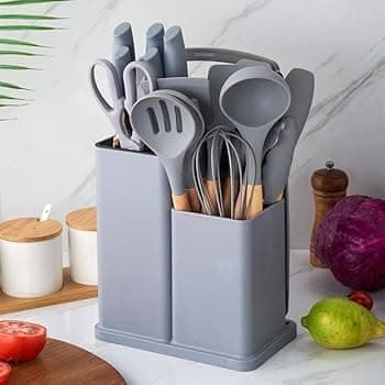 Kitchen Cooking Utensils & Knife Set with Block, Holder & Cutting Board Premium Silicone Utensils Stainless Steel Coated Knives 19 Piece Set, Gray