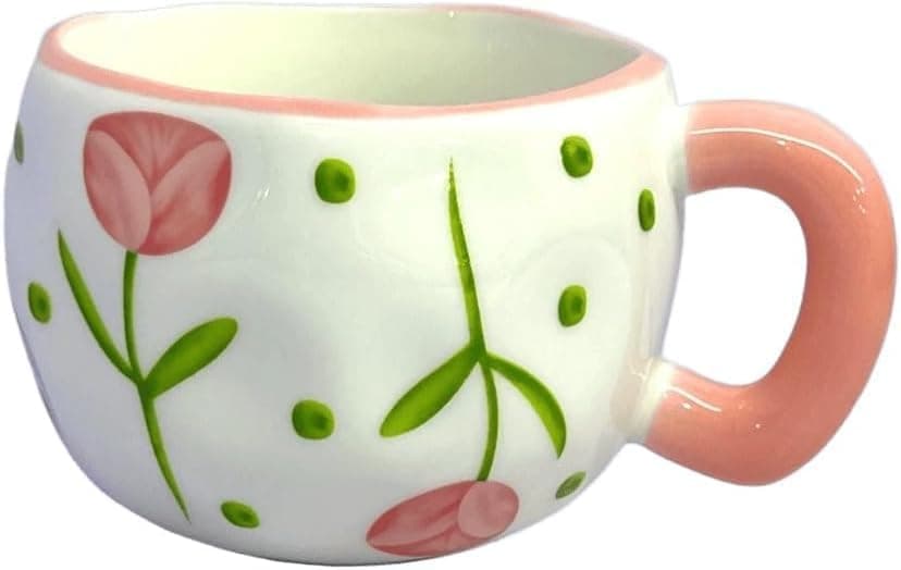 Handmade Ceramic Floral Coffee Mug - White Pink Geometric Design
