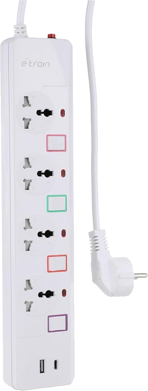 مشترك طاقة 16 امبير مع حماية من الحمل الزائد، 4 مقابس خرج + 1 USB + 1 منفذ شحن نوع سي 2.4 امبير 2 متر - مفتاح تشغيل وايقاف (PS077) من اي ترين
