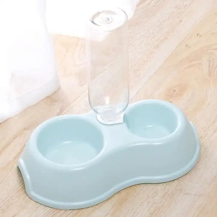 Double Pet Food and Water Bowl, Modern Design with Water Bottle Holder, Light Blue and Pink, Plastic, Automatic Filling, Non-Slip, for Dogs and Cats, 25x15x10cm
