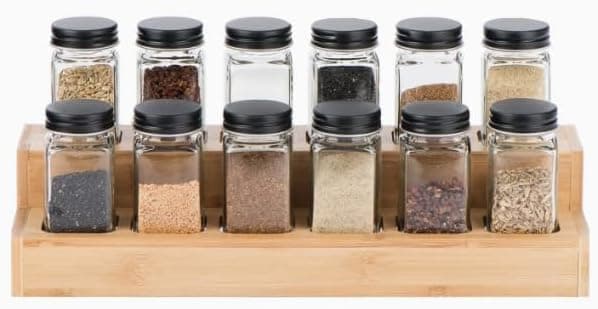 12-Piece Glass Spice Jar Set with Black Lids & Rotating Stand – Premium Kitchen Organizer for Herbs, Seasonings, and Condiments – Space-Saving Design - Black