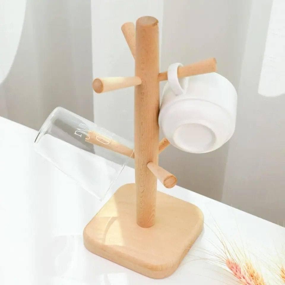 Solid Wood Mug Holder Tree Rack with 6 Hooks - Natural Brown Wood Color