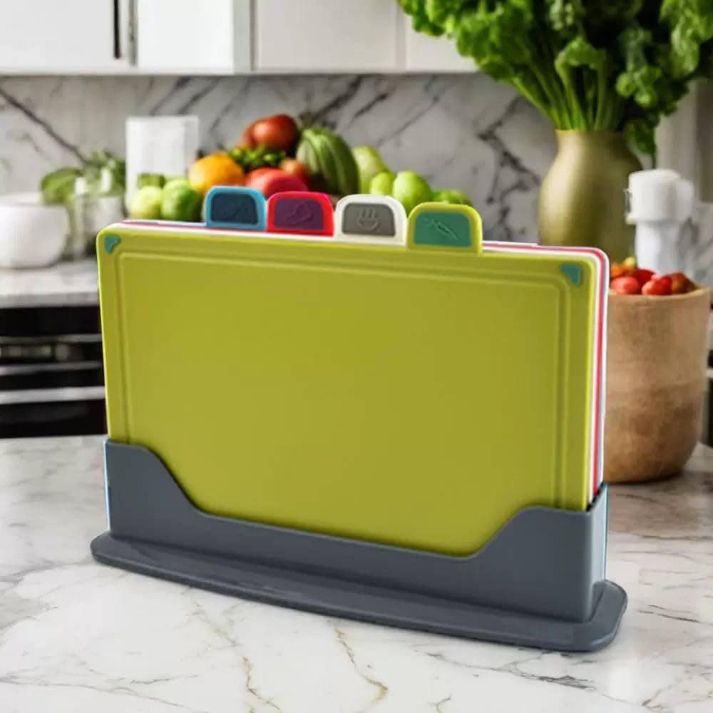 Color-Coded Plastic Cutting Board Set with Storage Shelf (4 Pack)