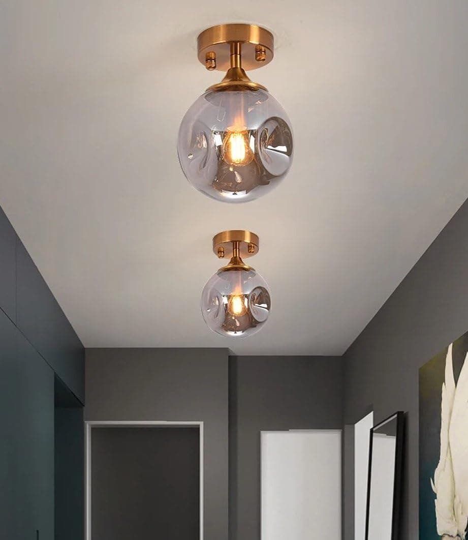 Modern Glass Ceiling Lamp__ Gold Accents__ Smoky Glass Color__ by Mishkah Lighting