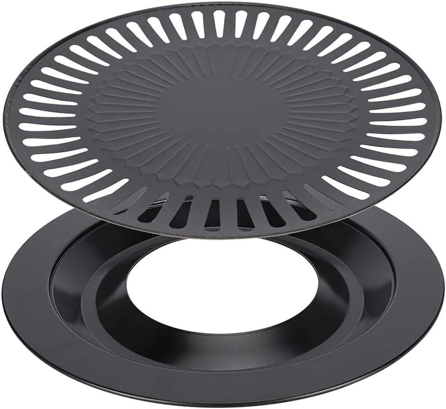 Stainless Steel Round Stovetop Grill, 32 cm, Smokeless Indoor BBQ Pan, Non-Stick Surface, Water-Filled Outer Ring to Juices, Compatible with Electric, Gas, and Propane Stoves - Black