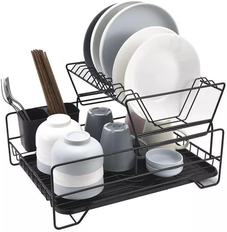 Large Antibacterial Dish Drying Rack Organizer - 2 Tier Metal Kitchen Utensil Holder