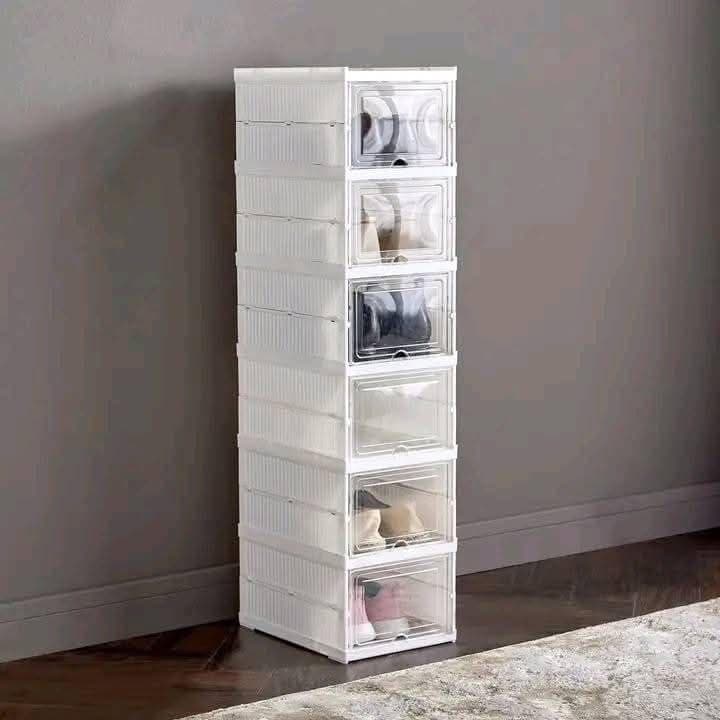 Shoe Storage Box, 6 Tier Foldable Plastic Shoe Organizer, No Assembly Shoe Shelf Cabinet with Clear Door, Sneaker Container Stackable Shoe Rack Organizer for Closet Entryway (White)