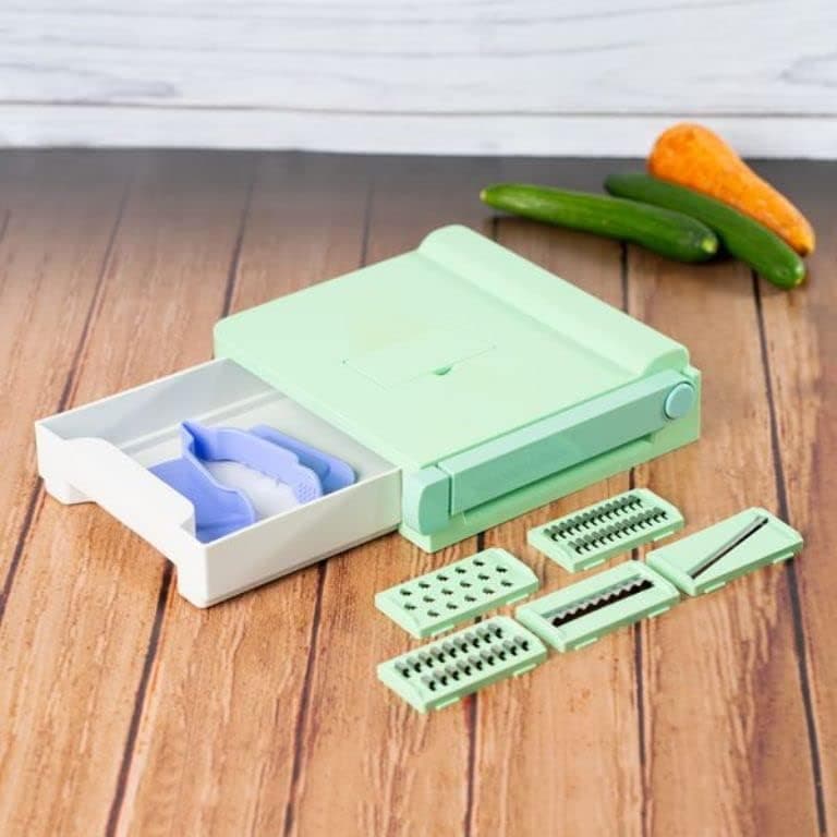 Mandolin 6 in 1 Vegetable Cutter and Slicer – Multifunction Manual Mandoline for Slicing Grating Julienne and Dicing with Sharp Blades and Safety Guard - Green