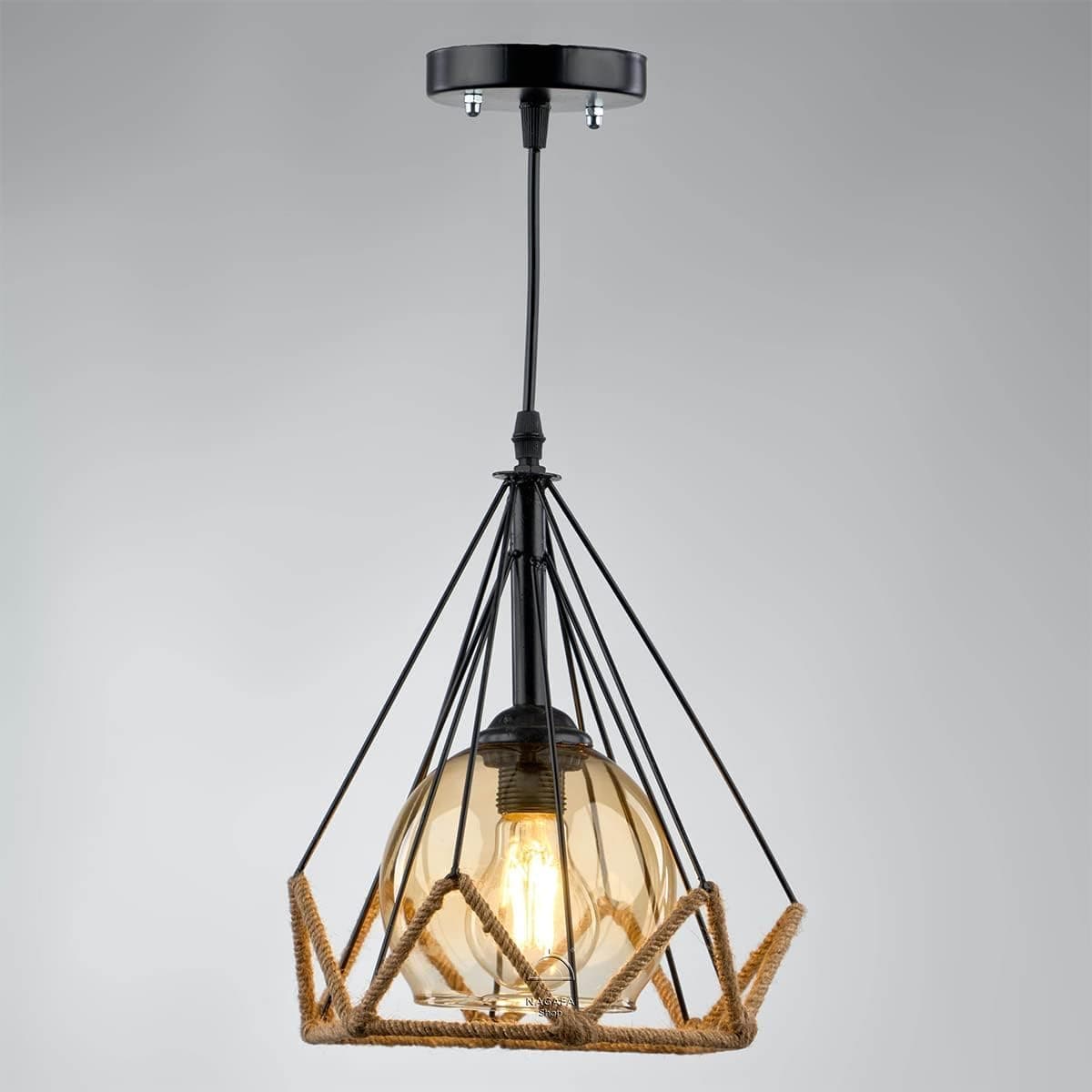 Modern Black Diamond Pendant Light Fixture with Rope Suspension - Generic Metal Ceiling Lighting