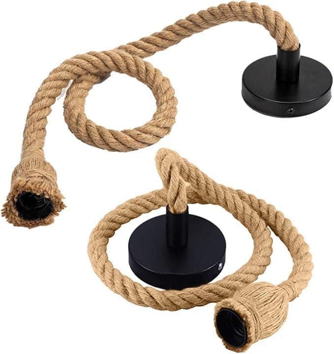 Vintage Hemp Rope Pendant Light Set (2 Pcs) - Industrial Style, Beige, Mounting Hardware Included