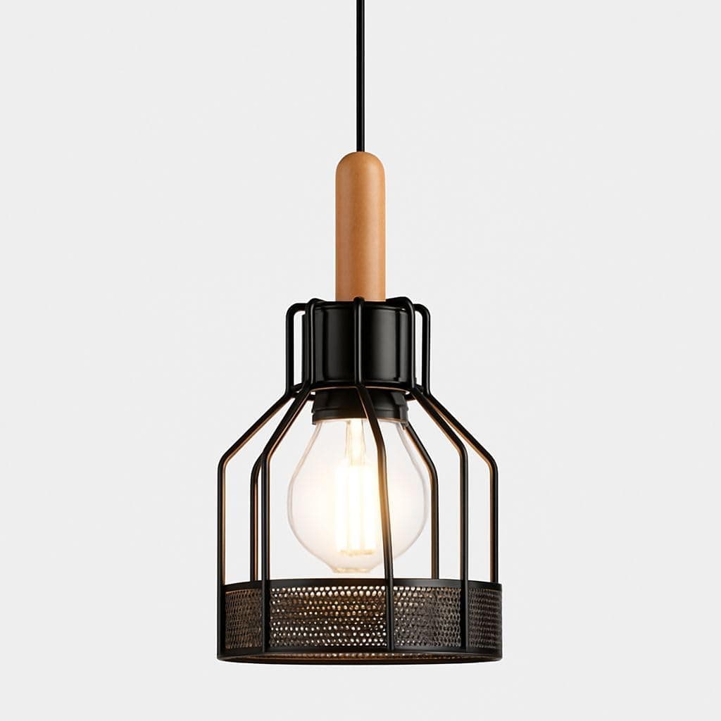 Industrial Black Wire Frame Hanging Pendant Lamp with Wood Finish by Mishkah Lighting