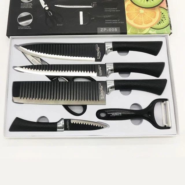 Kitchen Knife Set 6 Pieces (3 Knives, Cleaver, Scissors and Peeler) Black