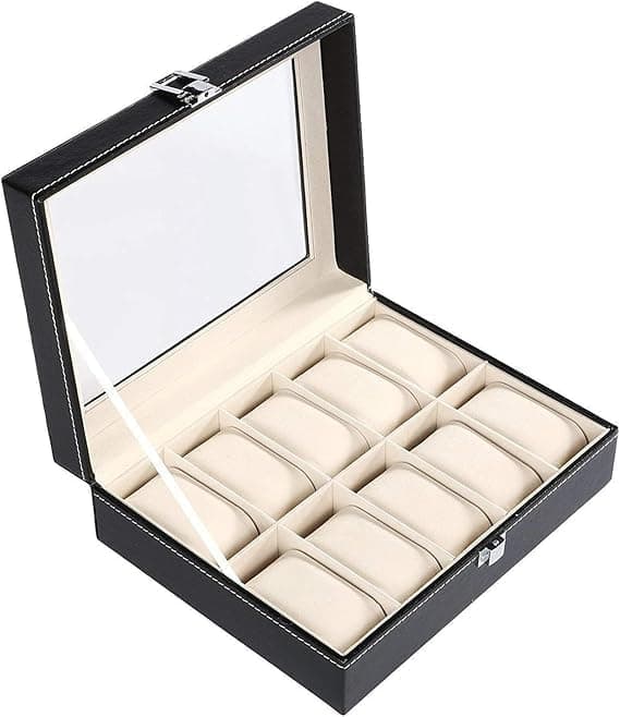 "10-Compartment Black Leather Watch Display Case and Jewelry Organizer with Glass Top Window - Black Beige