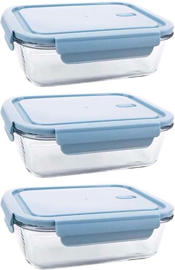 Glass Food Containers Set of 3 - Thermal Rectangular Pyrex Pans with Plastic Lids - Leakproof & Airtight - 410ml, 700ml, 1040ml