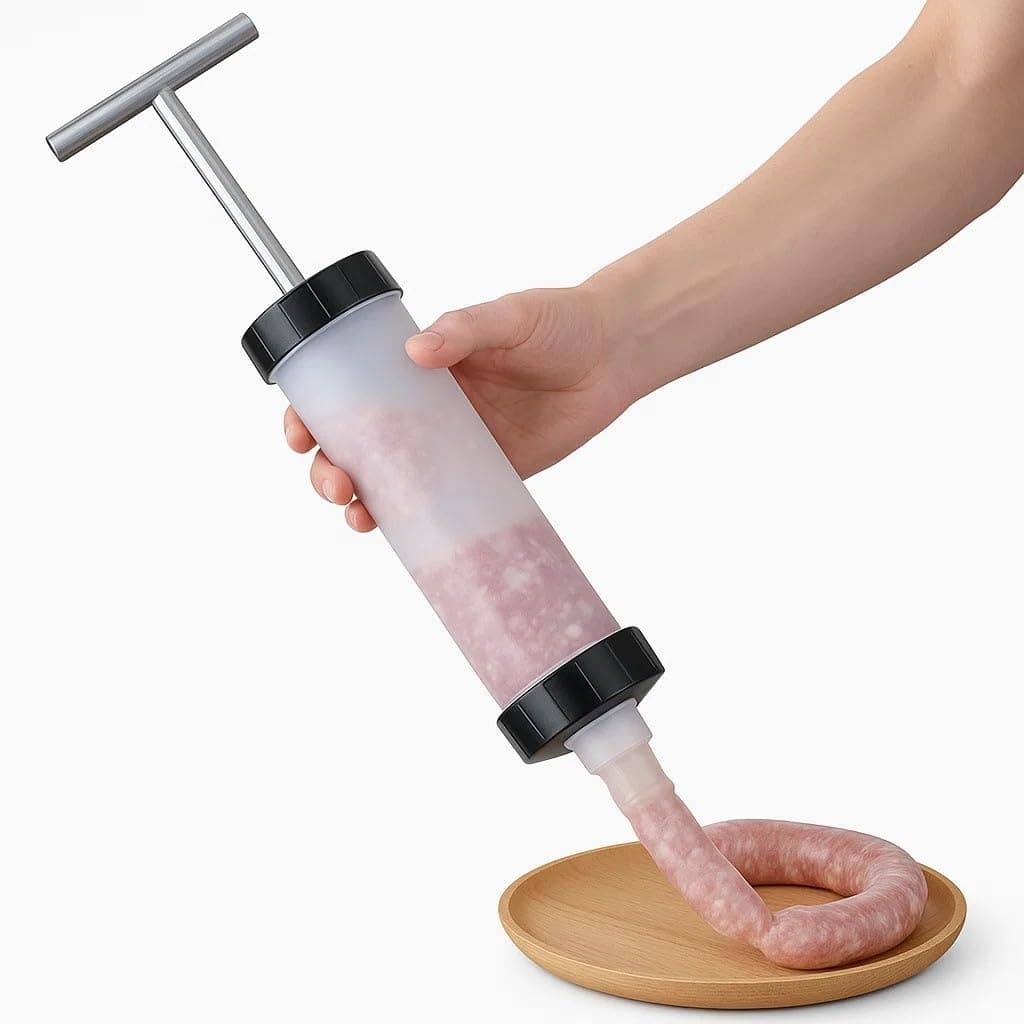 Mambar and Sausage Filling Machine – Innovative Manual Kitchen Tool for Homemade Mambar and Sausages with 3 Interchangeable Nozzles – Easy-to-Use White Design