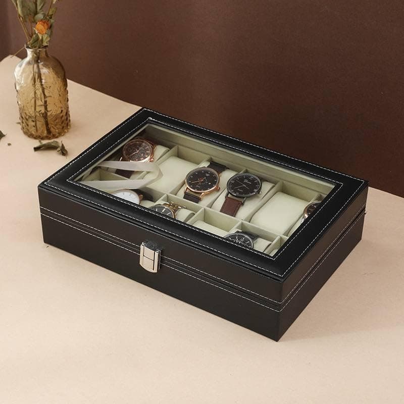 Luxury Black Leather Watch and Jewelry Organizer Box with Glass Display Cover