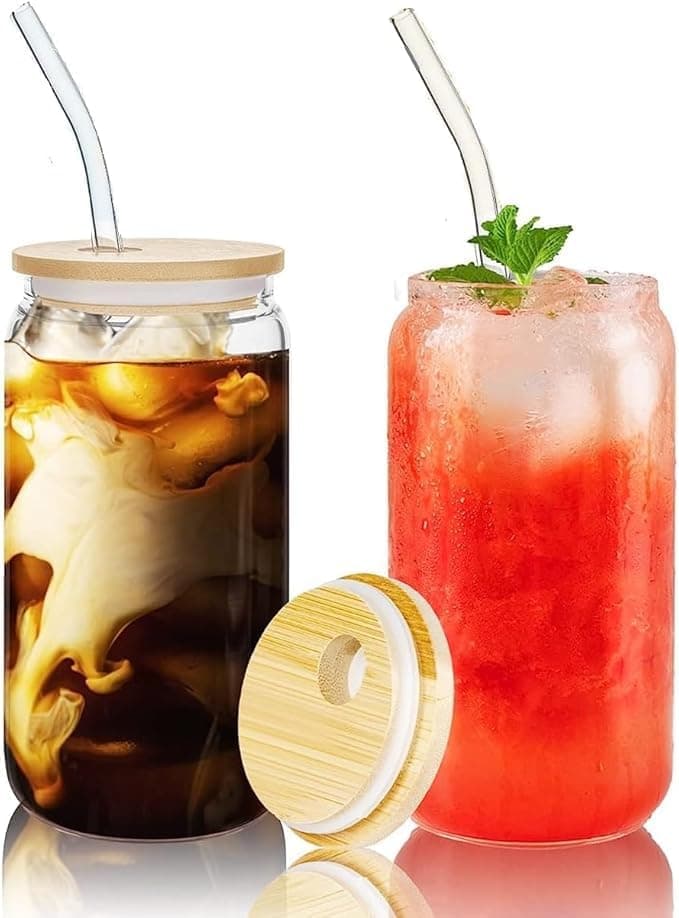 Modern Can-Shaped Glass Cups with Bamboo Lids - Set of 2 - 540ml - Clear Glass