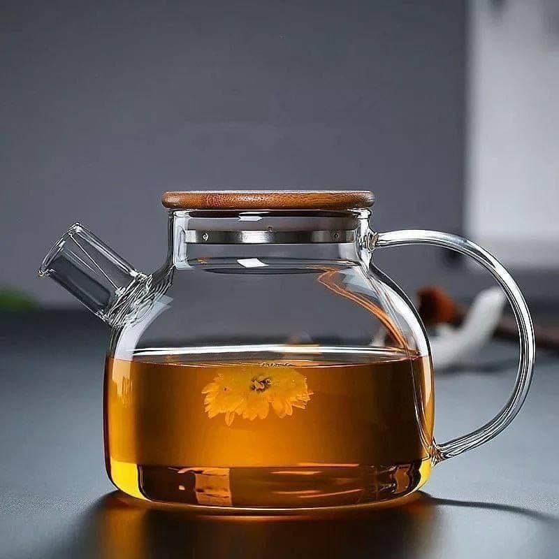 Generic Glass Teapot with Wooden Lid, 1 Litre Capacity, Heat-Resistant Glass, Borosilicate Glass strainer