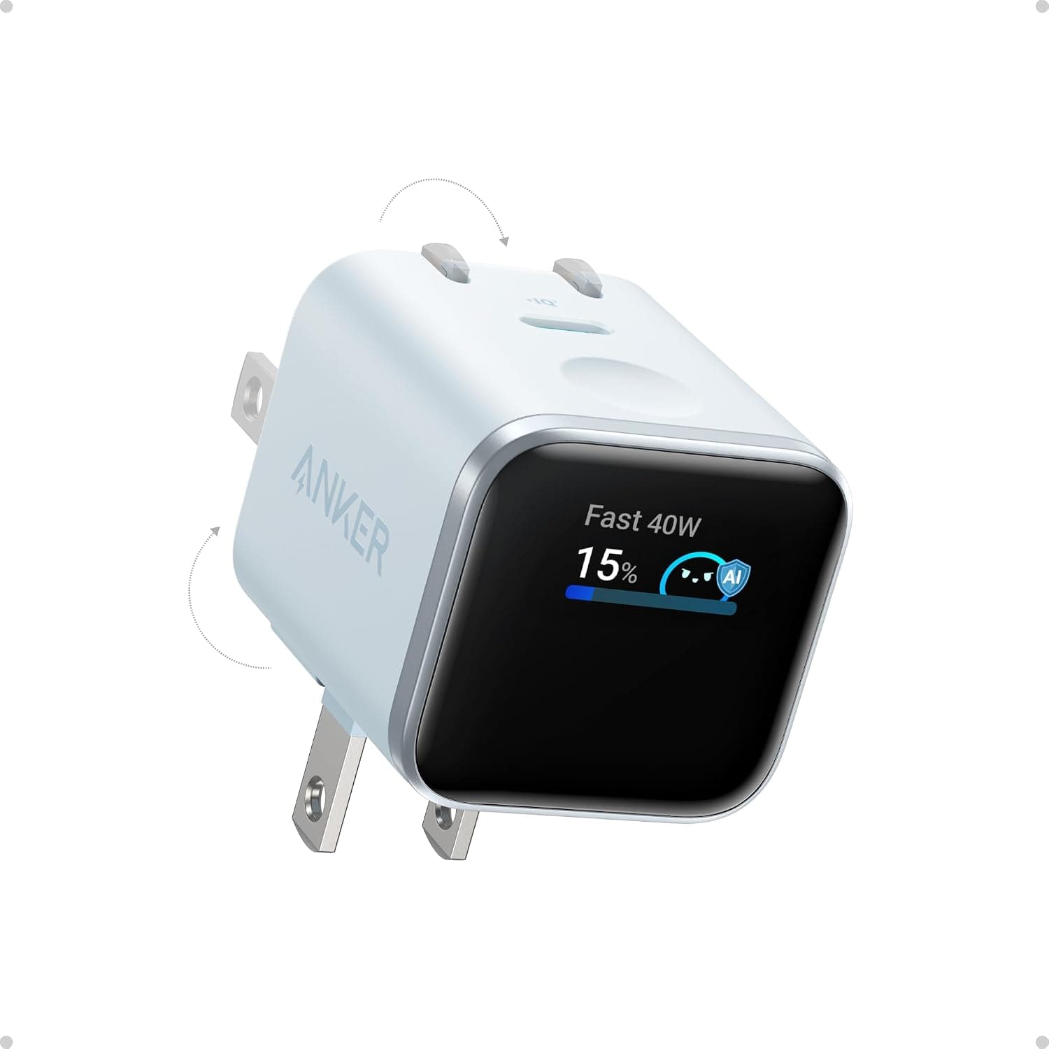 Anker Nano 45W Wall Charger with Smart Display and Foldable Plug - Compatible with iPhone 17, 16, and 15 - White