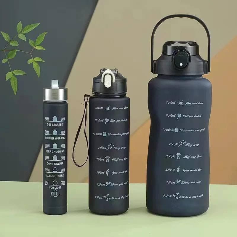 3 * 1 Set Jumbo Bottle with Straw | Black | 3 Piece Bottle Set | Black | Help You in Gym, Work, Trekking
