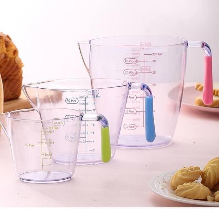 Acrylic Measuring Cups Set of 3 - Clear, Tilted Handles - 200ml/400ml/900ml