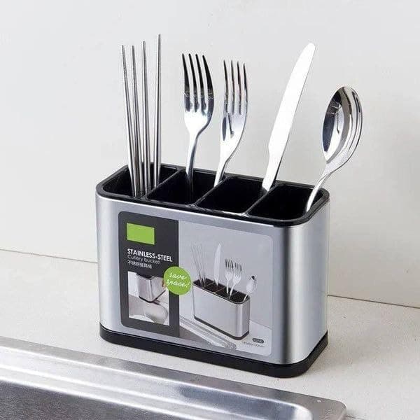Kitchen Utensil Holder, Stainless Steel Flatware Organizer for Countertop, 4 Divided Utensil Caddy Counter for Spoon, Fork, Spatula (Large)
