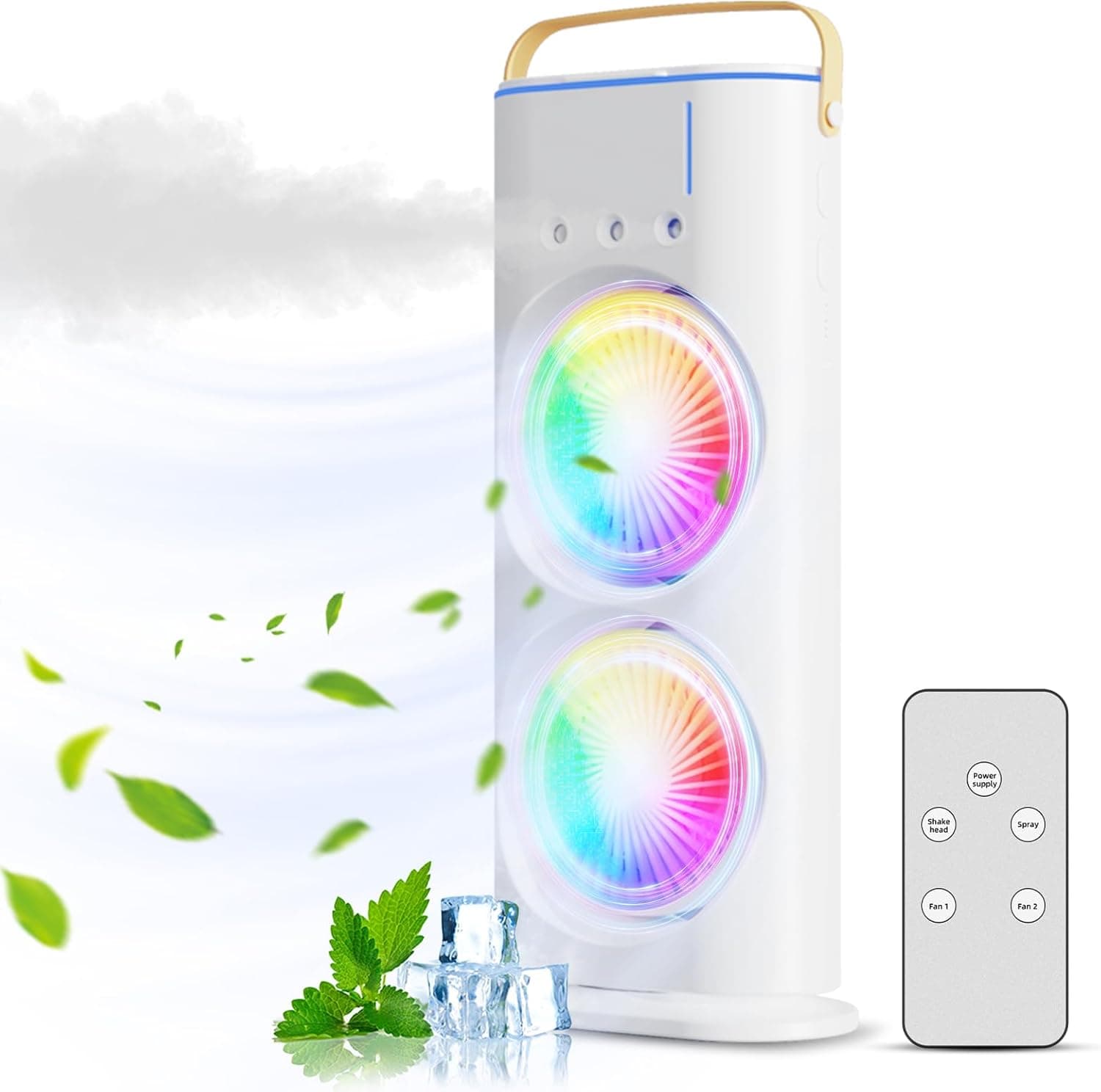 Dual Head Tower Fan with Humidifier and 180° Adjustable 90° Rotatable Desk Cooling Fan 3-Speed Cordless Design with Ambient Light and Handle for Home Office Travel Camping – White