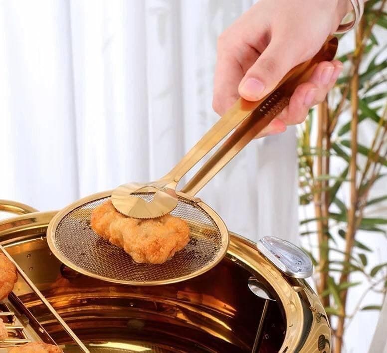 2 in 1 Food Spoon Strainer Stainless Steel Fried Food Oil-Frying Filter Spoon with Clip Kitchen Tool