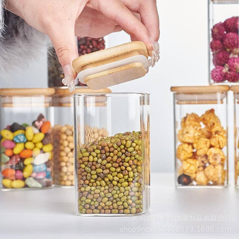 Acrylic Food Storage Jars Set with Bamboo Lids and Display Stand - 8 Pieces