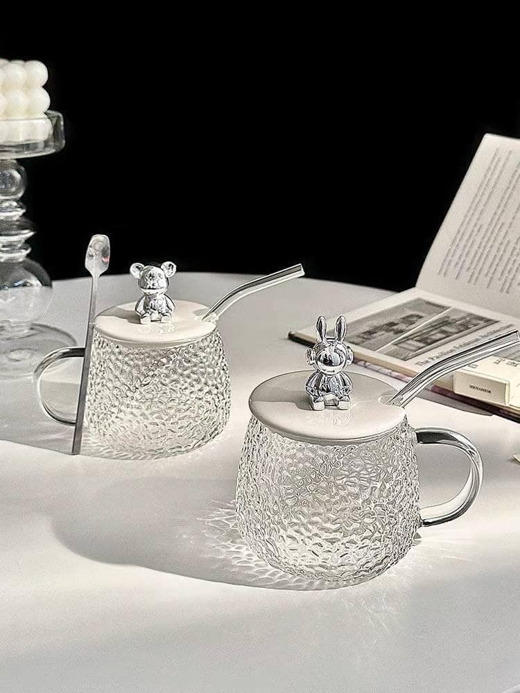 كوب قهوة بتصميم دب مع غطاء وملعقة، اكواب قهوة وشاي عالية الجودة - غطاء كوب بلاستيكي - قطعة واحده