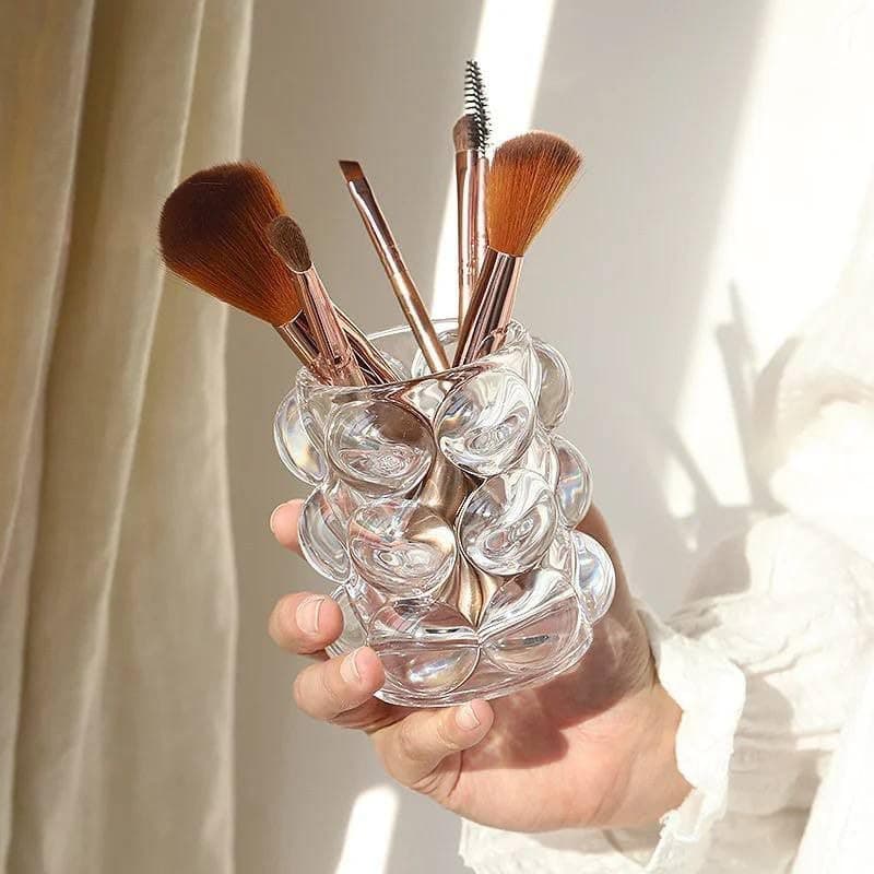 Glass Cup Makeup Brush Holder, Premium Quality Storage Jar, Transparent White Glass Beads Design