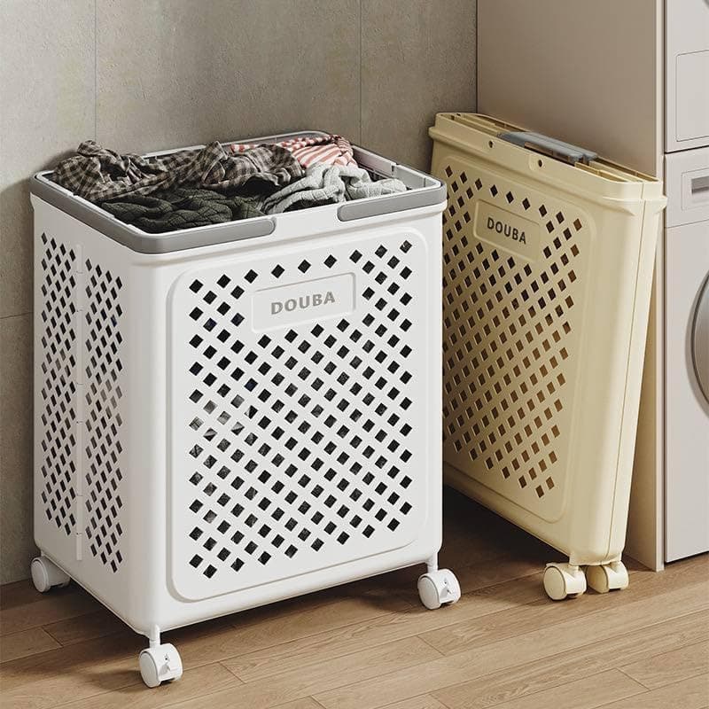 DOUBA Rolling Storage Basket with Wheels | Multi-Purpose Laundry Hamper | Durable Plastic | Portable | White
