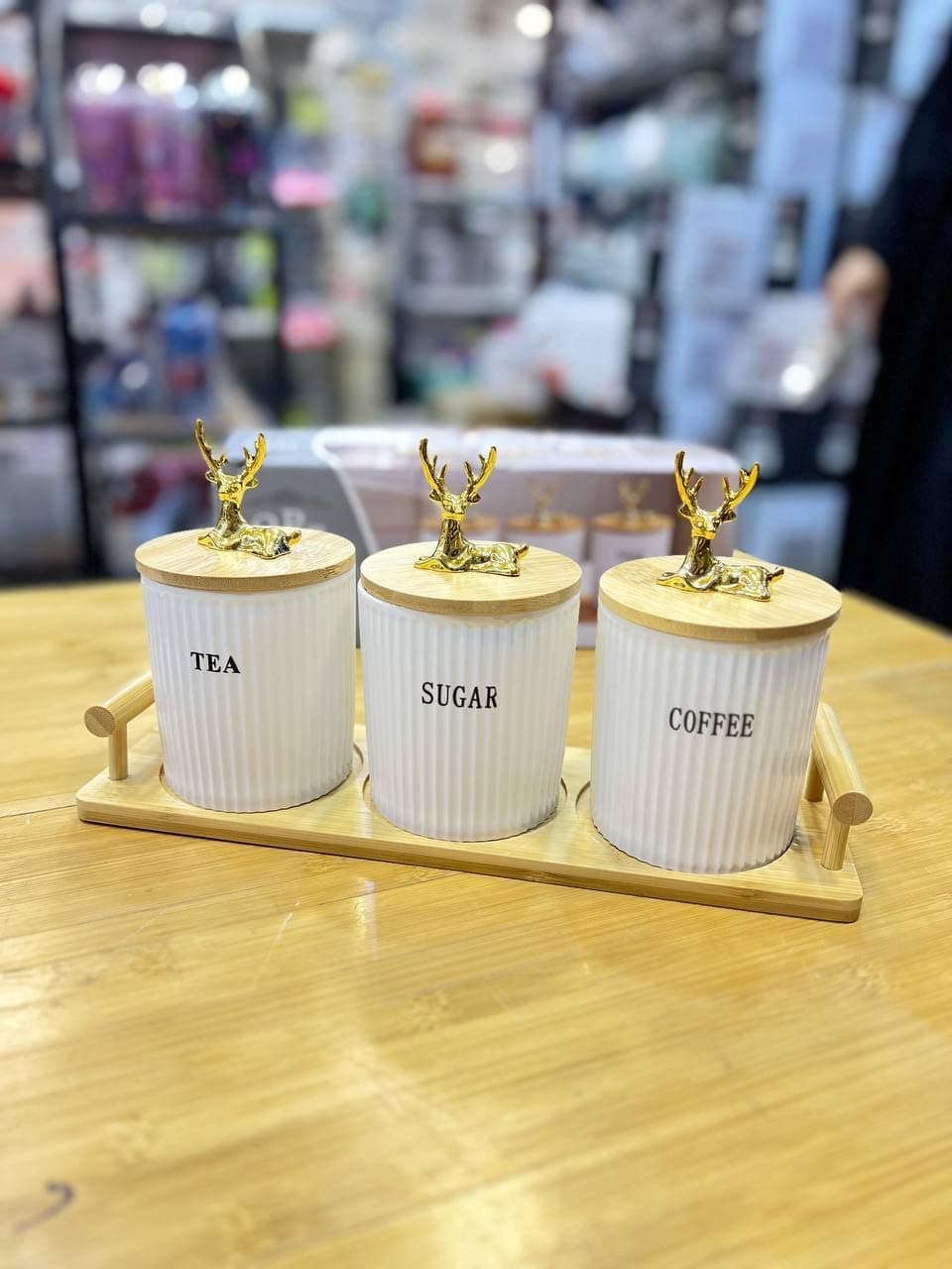 Porcelain Coffee Tea Sugar Canisters Set with Wood Stand - 3 Piece