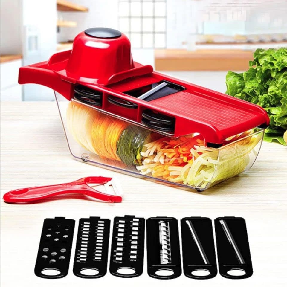 6 in 1 Multi-Function Vegetable and Fruit Cutter Manual High Carbon Steel Blade with Interchangeable Blades Easy Slicing Dicing and Grating Tool for Kitchen Use - Red