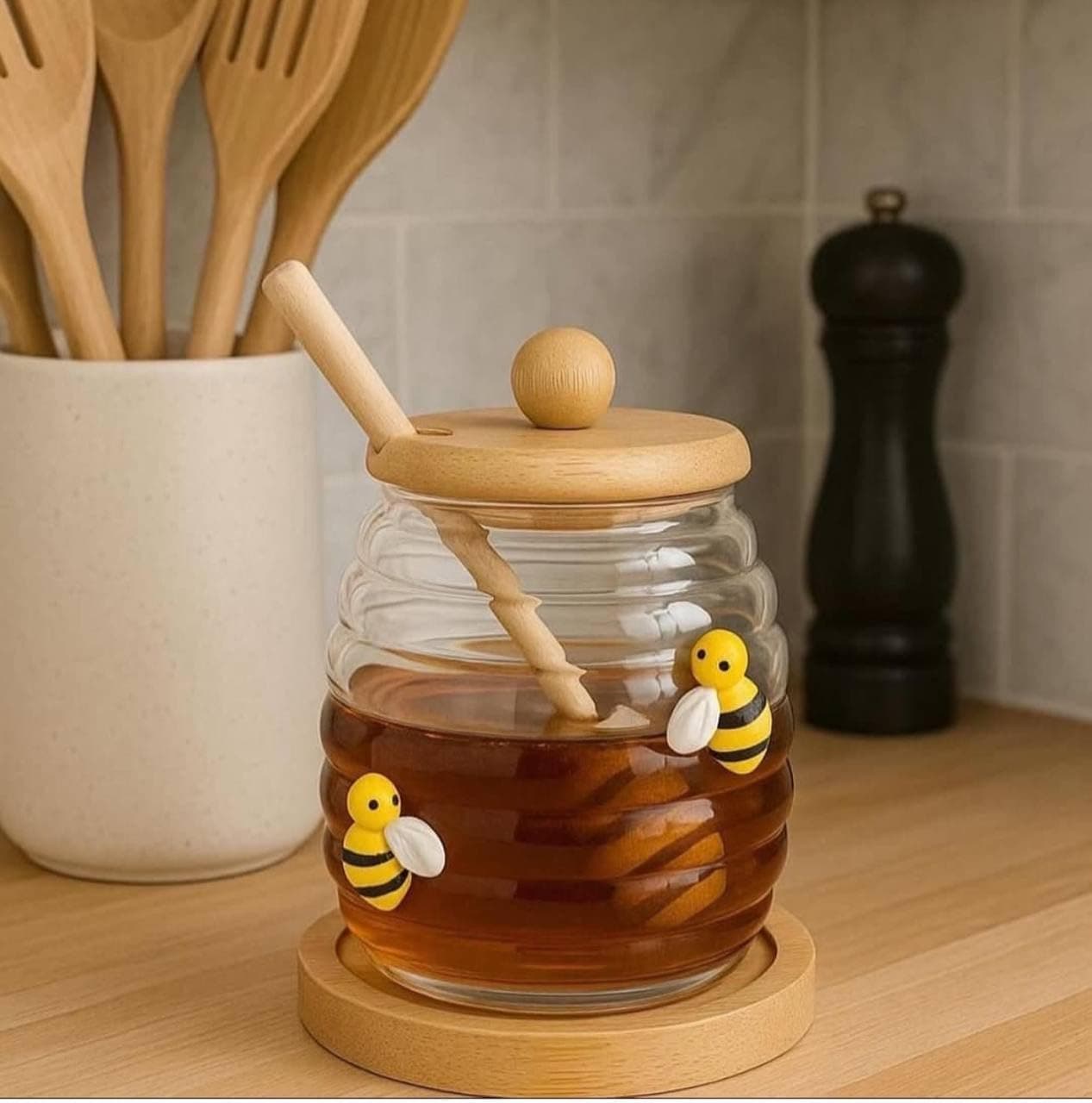 Glass Honey Jar 500ml with Wooden Dipper and Airtight Lid - Kitchen Storage Solution