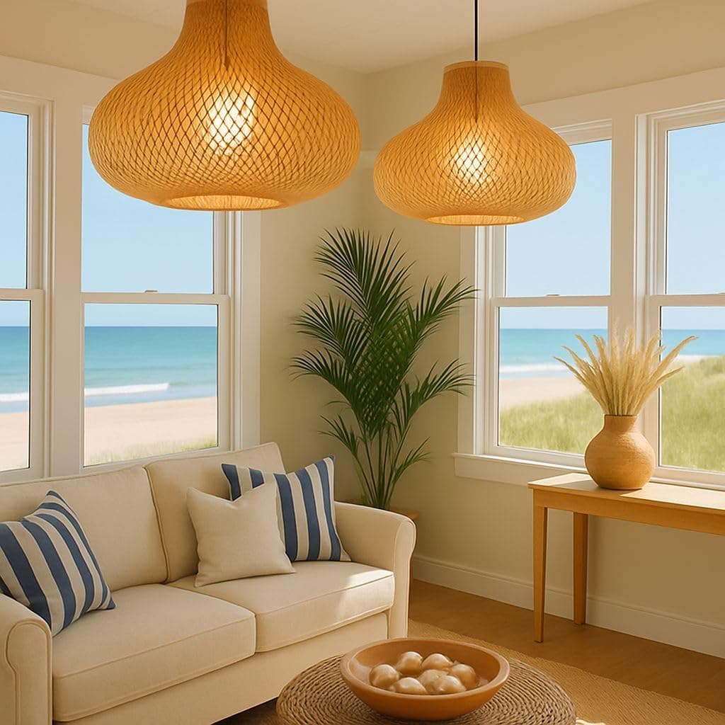 Mishkah Lighting Beige Woven Bamboo Pendant Lamp - Rustic Style