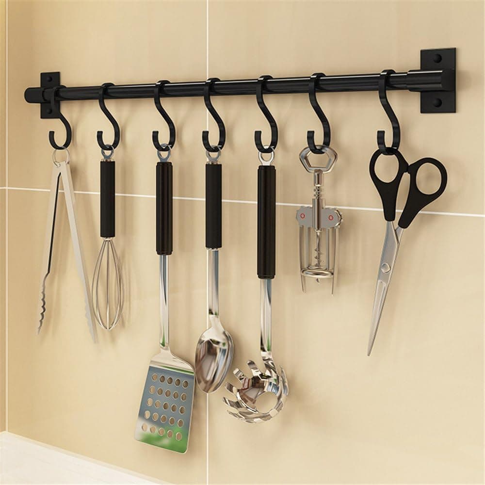 Generic Wall-Mounted Kitchen Utensil Rack, Black Metal Pipe with 5 Hooks, 80 cm Hanging Rail, Kitchen Organization Storage Bar .nin