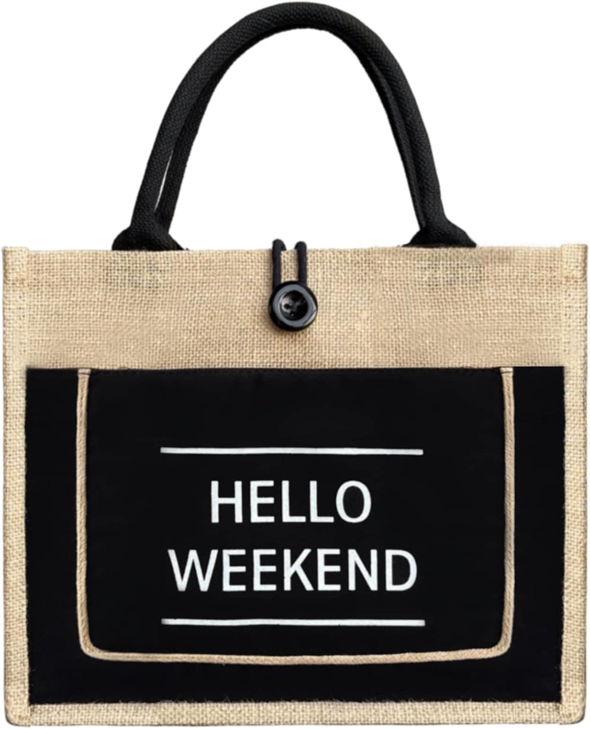 Jute beach bag for women, large and reusable for shopping - Beige Black