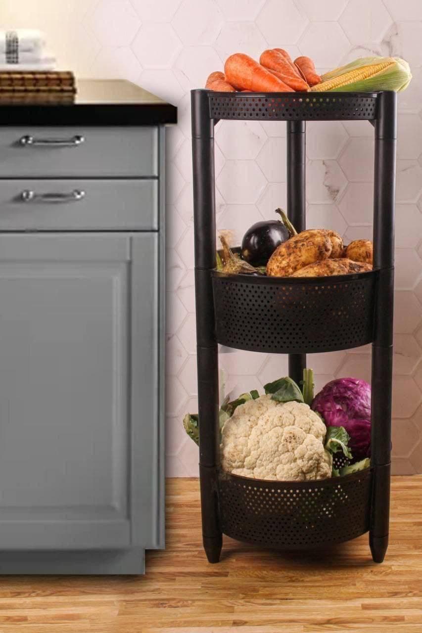 "3-Tier Turbo Storage Cart, Round Openwork Design, Black, Durable Plastic, Lightweight - Black