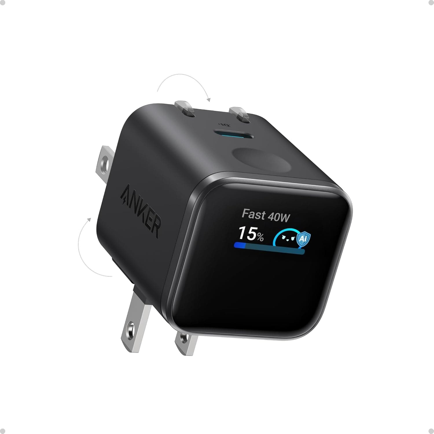 Anker Nano 45W Wall Charger with Smart Display and Foldable Plug - Compatible with iPhone 17, 16, 15 and iPad Pro - Black
