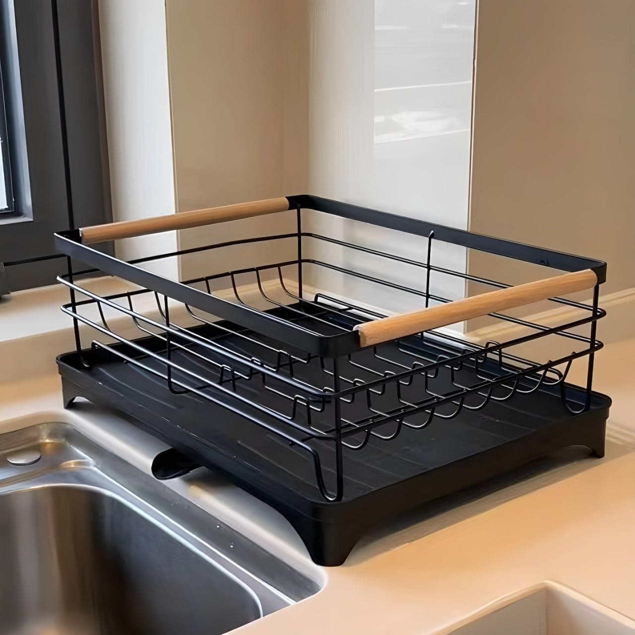 Generic Black Dish Drainer Rack with Removable Drip Tray - Space Saving Kitchen Sink Drainer Rack