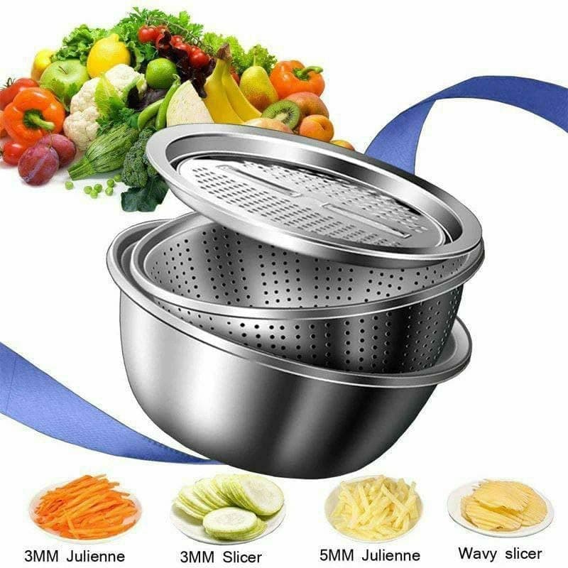 3-in-1 Stainless Steel Kitchen Grater: 11-inch Multi-Purpose Salad Maker Bowl & Vegetable Cutter - Dishwasher Safe