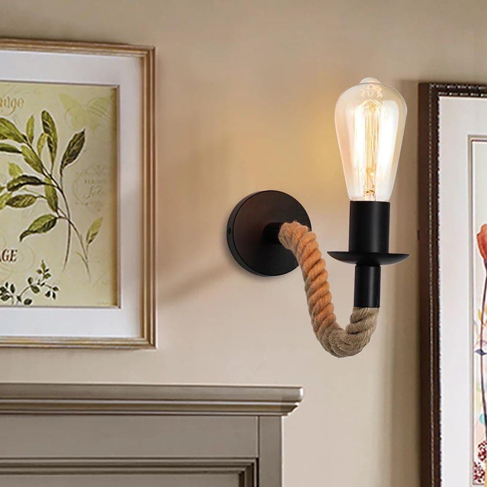 Rustic Rope Wall Lamp with Edison Bulb - Beige x Black - Mishkah Lighting