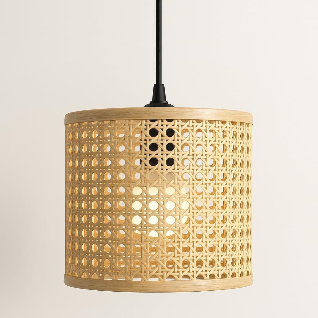 Meshkah Lighting Natural Wicker Pendant Light Cylinder - Beige (Clay) - Decorative Art Deco - 20x20cm