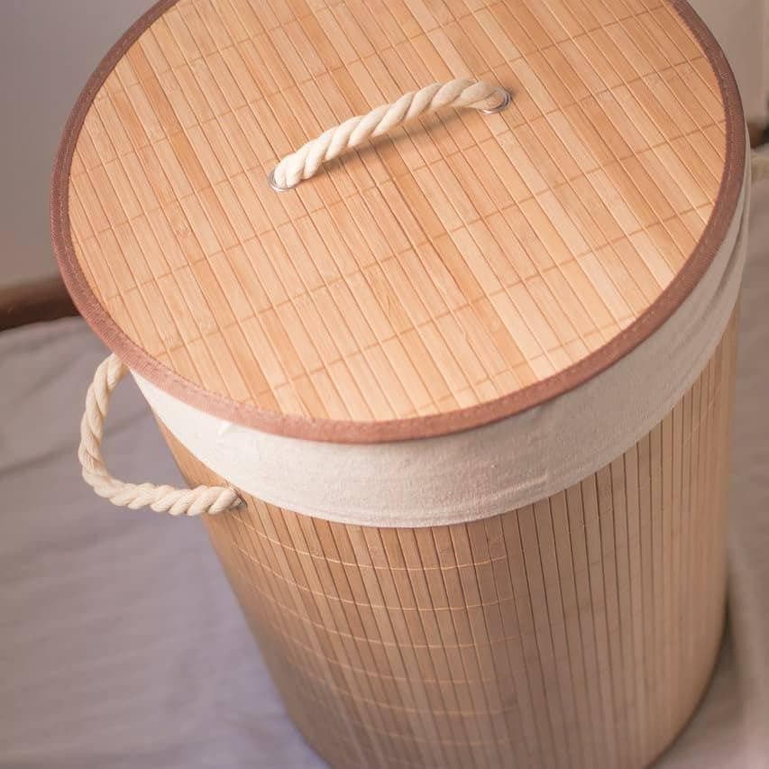Round Foldable Bamboo Laundry Basket with Lid - Wooden