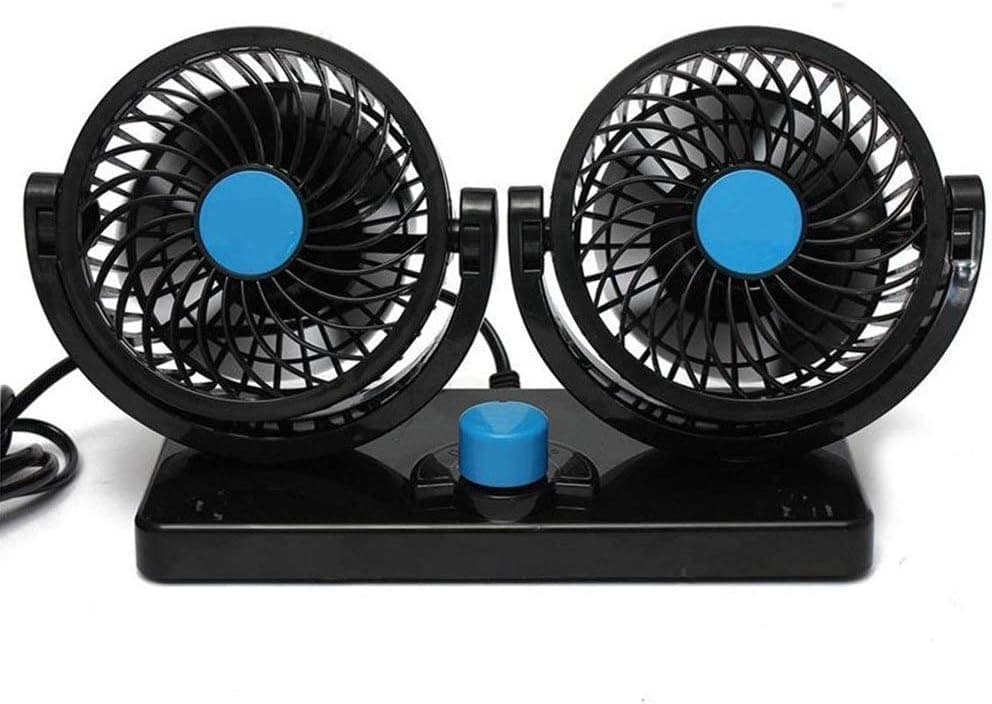 12V Car Fan – Dual Head, 2-Speed, 360° Rotating Adjustable Cooling Fan for Rear Seat Passengers, Babies, and Pets – Portable Auto Air Circulator - Black