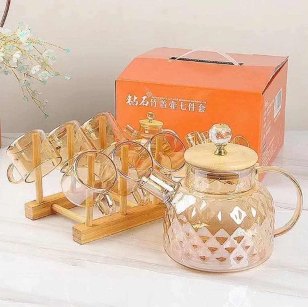 7 Piece Glass Jug Set with Bamboo Lid, 6 Glass Mugs with Handle, Honey