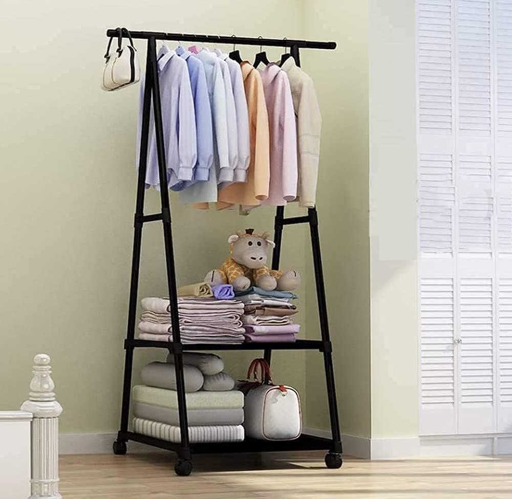 A-Shape Garment Stand with 2 Bottom Shelves – Black Metal Coat Hanger Rack for Clothes, Shoes, Blankets & Pots – Multipurpose Freestanding Storage Shelf